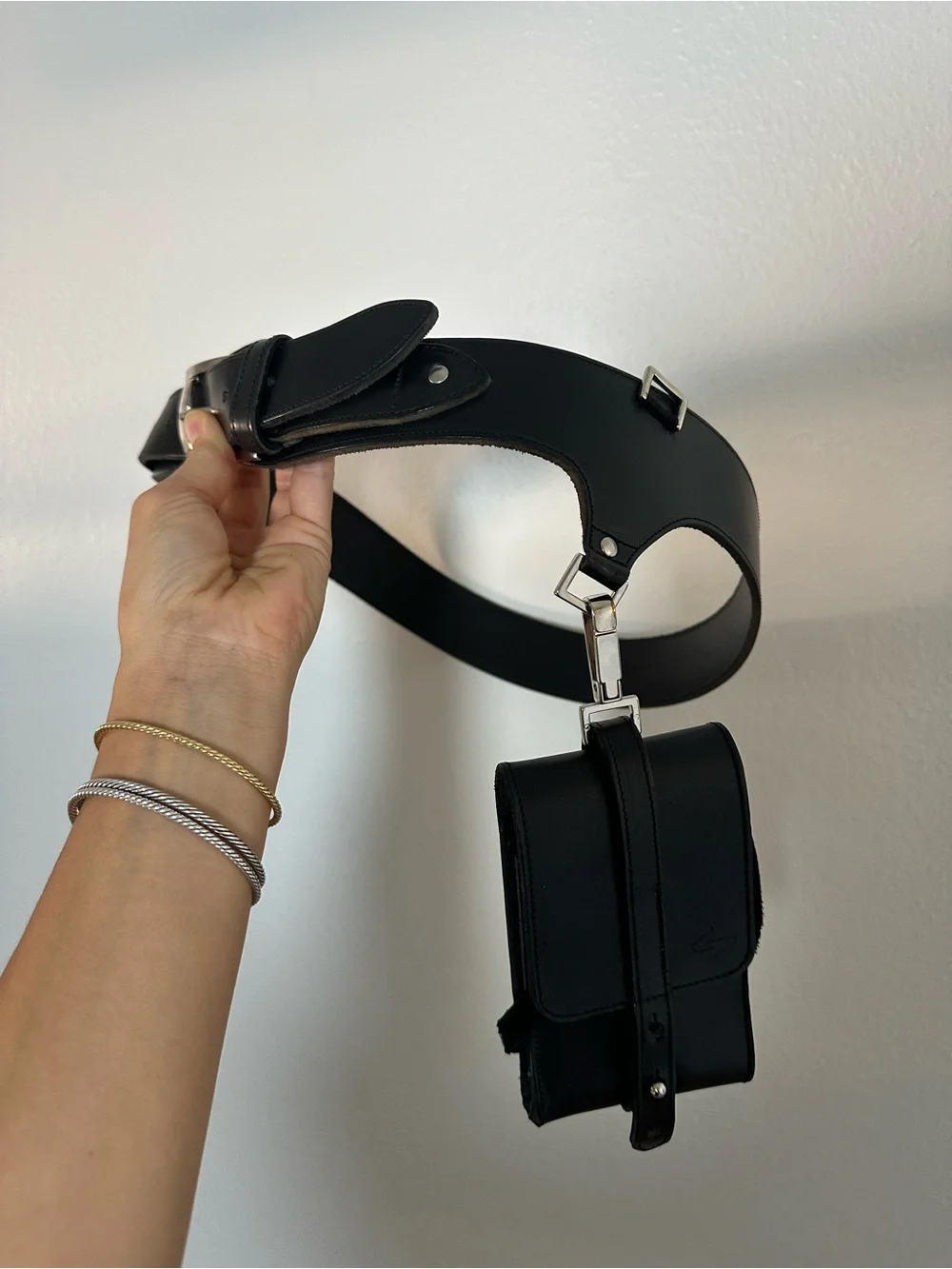 Embrazio Black Leather Wide Belt Removable Pouch Silver Tone Buckle Size S/M